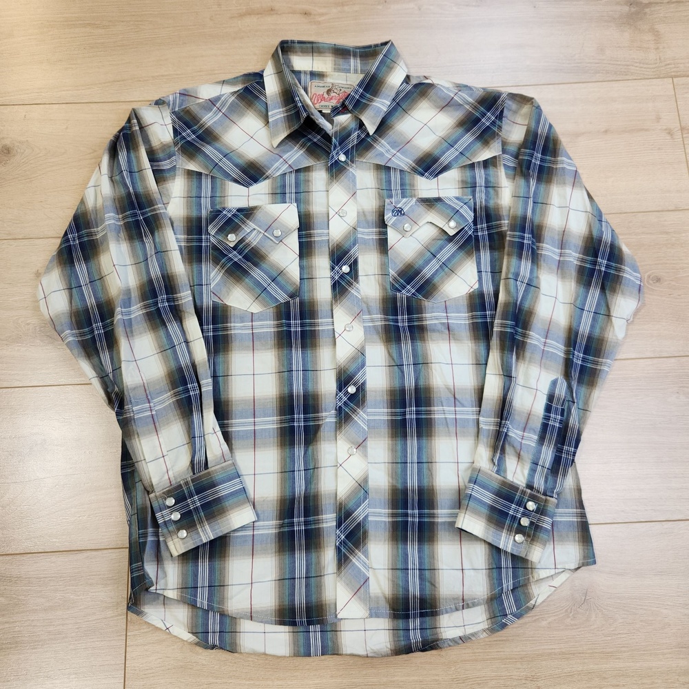 Wrangler Western Shirt Mens Large Blue Plaid Pearl Snap Long Sleeve Cowboy